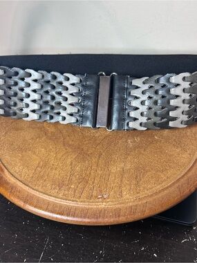 Elastic Waist Belt with Grey-Black Silver Tone Chain Accent 72cm long 7cm wide